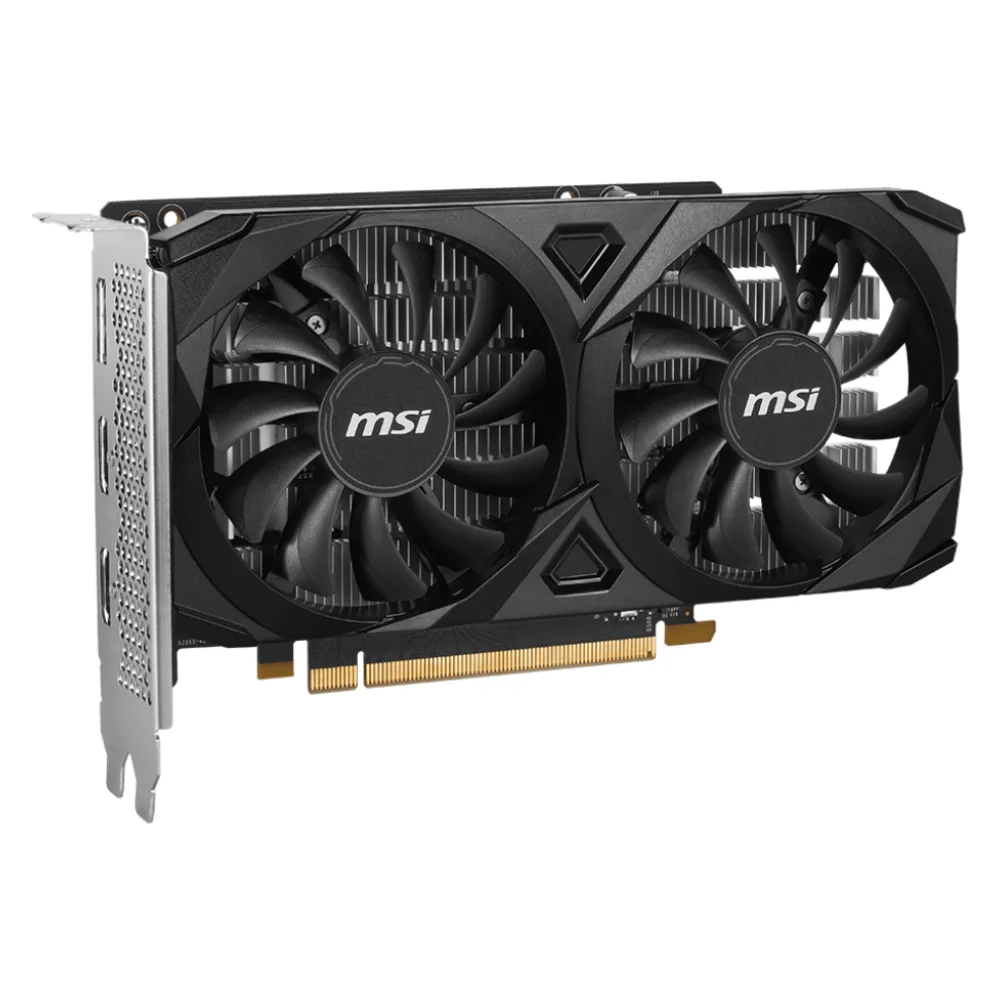MSI GeForce RTX 3050 VENTUS 2X E 6G OC – Záber na kartu s dvojicou ventilátorov a kovovým chladičom MSI GeForce RTX 3050 VENTUS 2X E 6G OC – Záber na kartu s dvojicou ventilátorov a kovovým chladičom