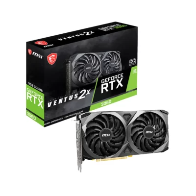 MSI GeForce RTX 3060 VENTUS 2X 12G OC – Balenie grafickej karty s čiernou krabicou a kartou s dvoma ventilátormi