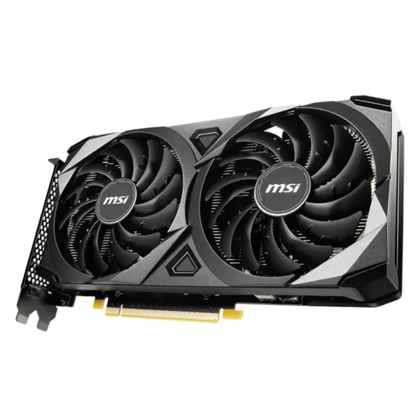 MSI GeForce RTX 3060 VENTUS 2X 12G OC – Predný pohľad na kartu s dvoma ventilátormi a čiernym dizajnom