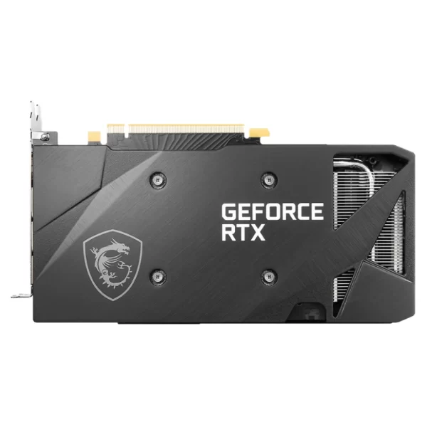 MSI GeForce RTX 3060 VENTUS 2X 12G OC – Zadná strana grafickej karty s kovovým backplate a logom draka