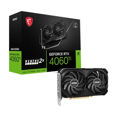 MSI GeForce RTX 4060 Ti VENTUS 2X BLACK 8G OC – Grafická karta s balením, zeleno-čierna krabica s označením 8GB GDDR6