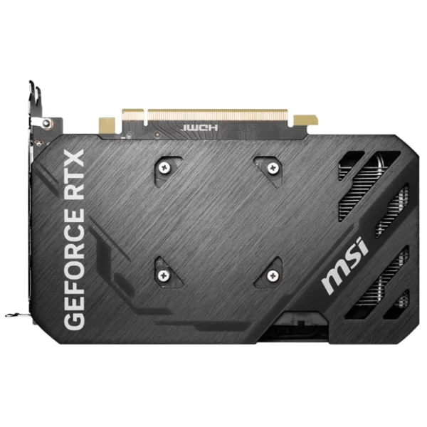 MSI GeForce RTX 4060 Ti VENTUS 2X BLACK 8G OC – Pohľad na zadnú stranu karty s kovovým backplate a nápisom GeForce RTX