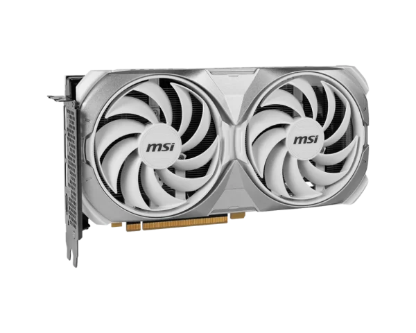 MSI GeForce RTX 4070 SUPER 12G VENTUS 2X WHITE OC - Šikmý pohľad na grafickú kartu a jej chladenie