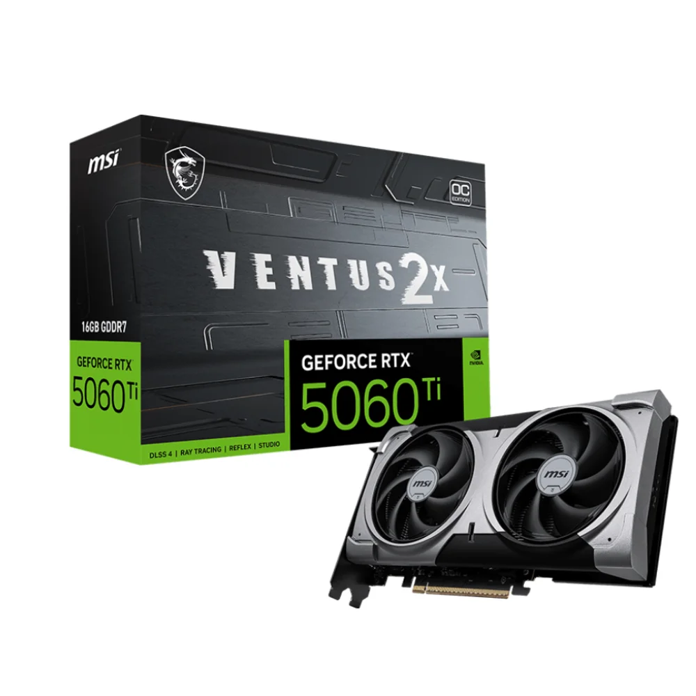 MSI GeForce RTX 5060 Ti 16G VENTUS 2X OC PLUS – Grafická karta s krabicou, pohľad spredu MSI GeForce RTX 5060 Ti 16G VENTUS 2X OC PLUS - Grafická karta s krabicou, pohľad spredu