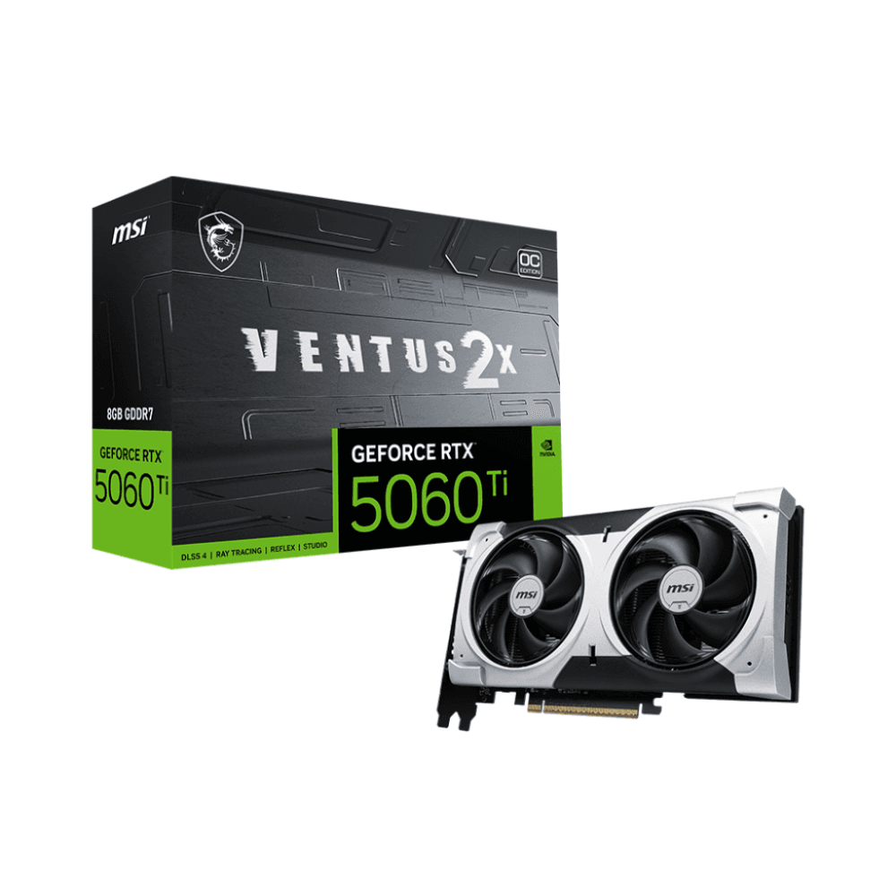 msi-geforce-rtx-5060-ti-8g-ventus-2x-oc-plus-produktove-balenie MSI GeForce RTX 5060 Ti 8G VENTUS 2X OC PLUS – Produktové balenie s krabicou Ventus 2X a kartou MSI RTX 5060 Ti