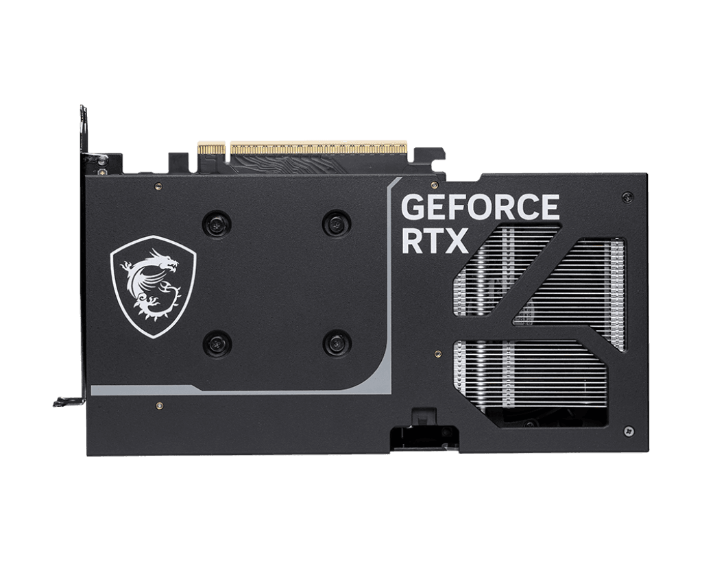 msi-geforce-rtx-5060-ti-8g-ventus-2x-oc-plus-zadna-strana MSI GeForce RTX 5060 Ti 8G VENTUS 2X OC PLUS – Zadná strana karty s logom draka a nápisom GeForce RTX