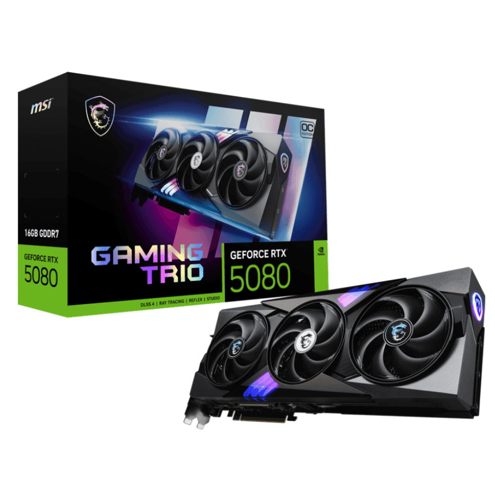 MSI GeForce RTX 5080 16G GAMING TRIO OC – Balení karty s produktem a logem GAMING TRIO