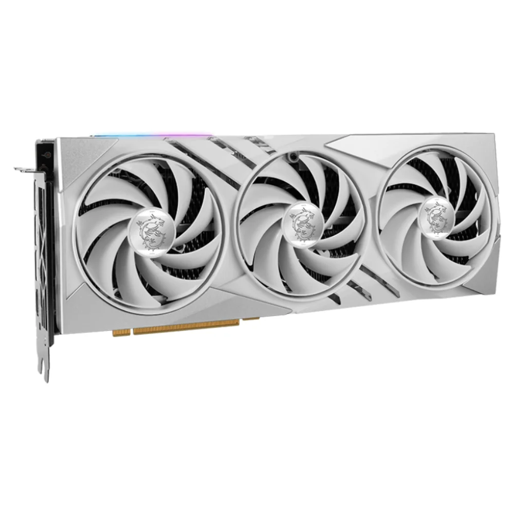 MSI GeForce RTX 4070 SUPER 12G GAMING X SLIM WHITE – pohľad spredu na samotnú kartu s tromi veľkými ventilátormi a bielym rámom MSI GeForce RTX 4070 SUPER 12G GAMING X SLIM WHITE – pohľad spredu na samotnú kartu s tromi veľkými ventilátormi a bielym rámom