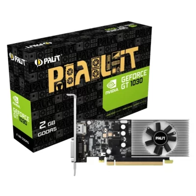 Palit GeForce GT 1030 2GB – Produkt s balením zobrazujúci grafickú kartu aj škatuľu
