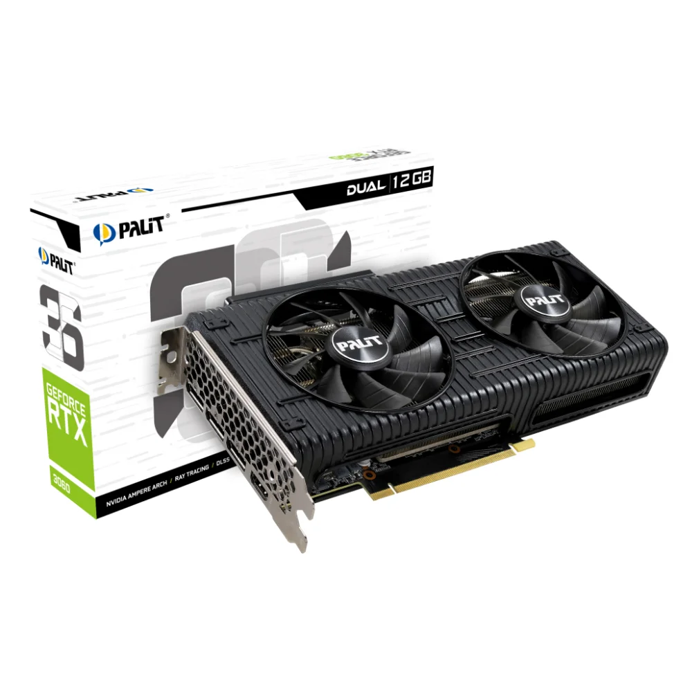 Palit GeForce RTX 3060 Dual 12GB – Grafická karta s balením v pozadí Palit GeForce RTX 3060 Dual 12GB – Grafická karta s balením v pozadí