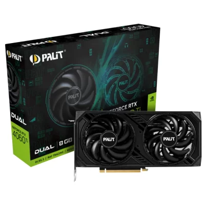 Palit GeForce RTX 4060 Ti Dual 8GB – grafická karta s dvoma čiernymi ventilátormi, čiernym dizajnom a balením s modrozeleným pozadím