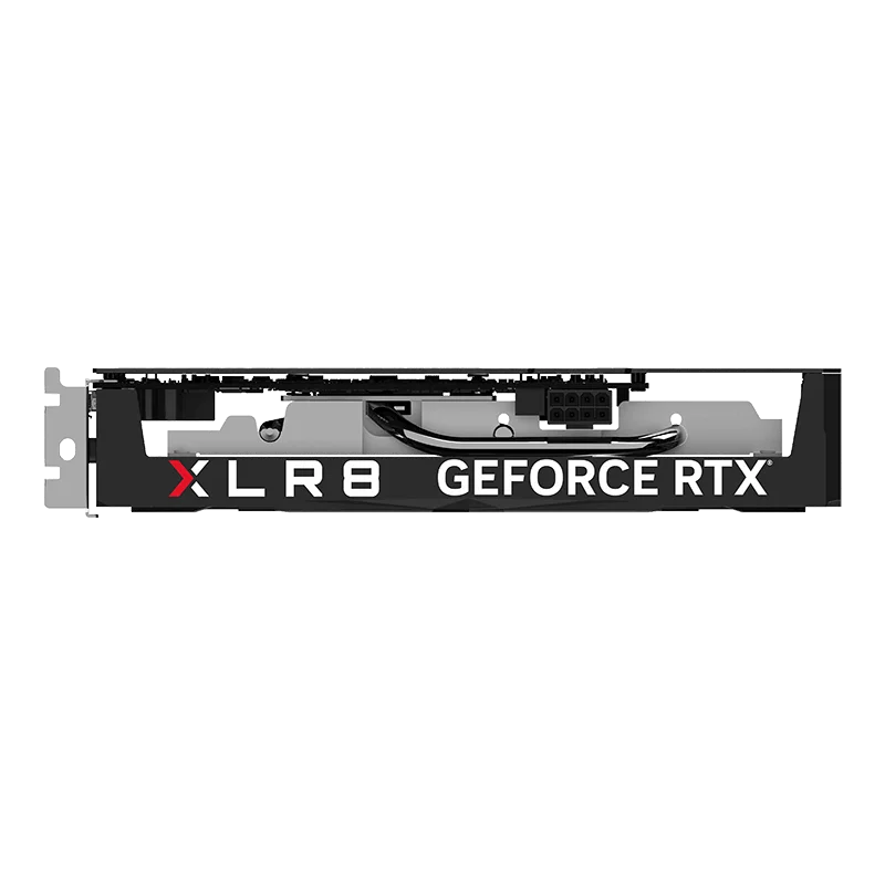 PNY GeForce RTX 4060 8GB XLR8 Gaming VERTO – Bočný pohľad na kartu s logom XLR8 a 8-pinovým konektorom PNY GeForce RTX 4060 8GB XLR8 Gaming VERTO – Bočný pohľad na kartu s logom XLR8 a 8-pinovým konektorom