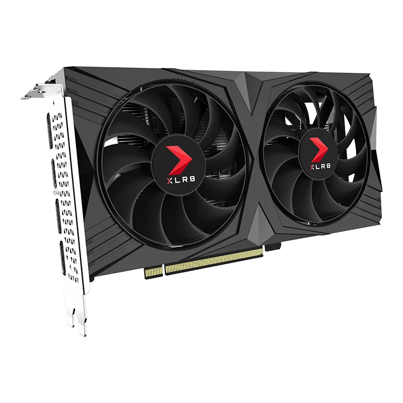 PNY GeForce RTX 4060 8GB XLR8 Gaming VERTO – Predný pohľad na grafickú kartu s dvojventilátorovým chladičom PNY GeForce RTX 4060 8GB XLR8 Gaming VERTO – Predný pohľad na grafickú kartu s dvojventilátorovým chladičom