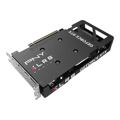 PNY GeForce RTX 4060 8GB XLR8 Gaming VERTO – Zadná strana karty s kovovým backplate a logami PNY a XLR8