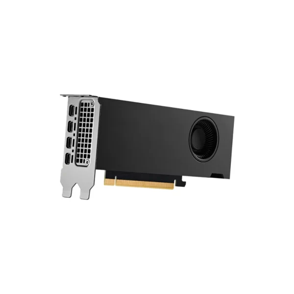 PNY NVIDIA RTX A2000 12GB – Naklonený pohľad na kompaktnú grafickú kartu s výstupmi a PCIe rozhraním
