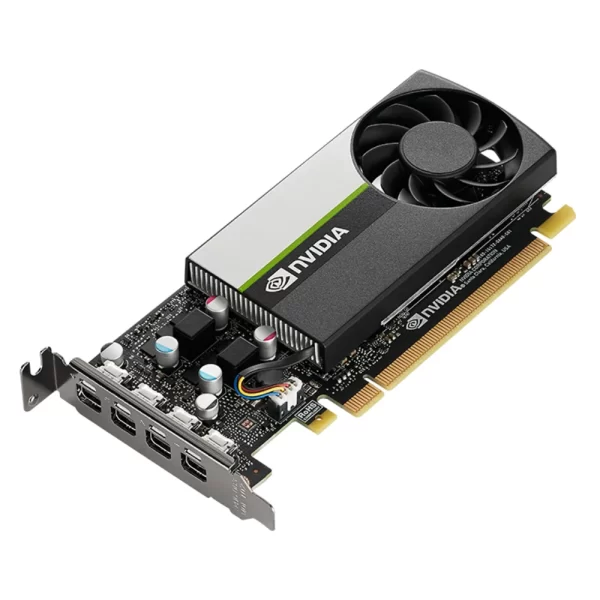 PNY Nvidia T1000 8GB – Pohľad spredu zľava na grafickú kartu s kompaktným chladičom a štyrmi mini DisplayPort výstupmi