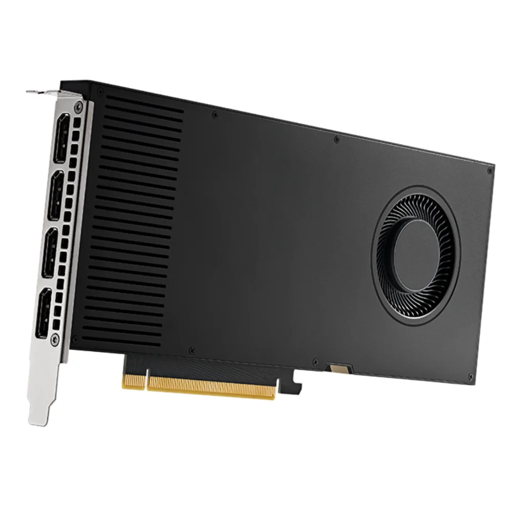 PNY NVIDIA RTX A4000 16GB – Pohľad z uhla na čiernu kartu s blower ventilátorom a DisplayPort výstupmi PNY NVIDIA RTX A4000 16GB – Pohľad z uhla na čiernu kartu s blower ventilátorom a DisplayPort výstupmi