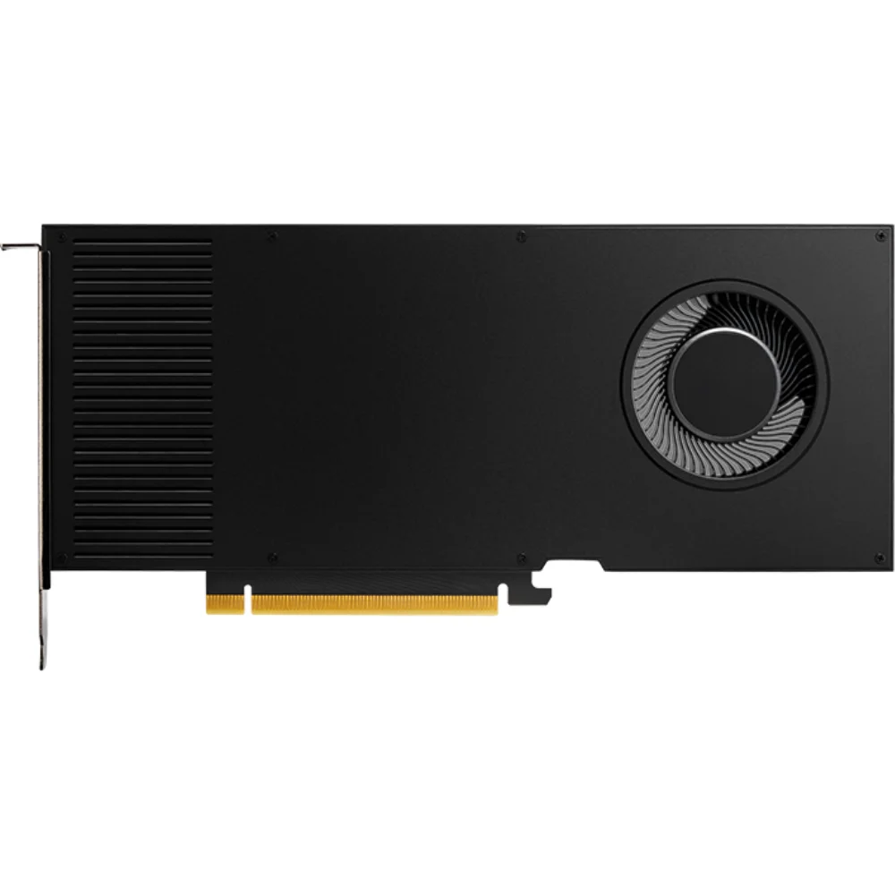 PNY NVIDIA RTX A4000 16GB – Predný pohľad na kartu s chladením blower typu a štyrmi DisplayPort konektormi PNY NVIDIA RTX A4000 16GB – Predný pohľad na kartu s chladením blower typu a štyrmi DisplayPort konektormi