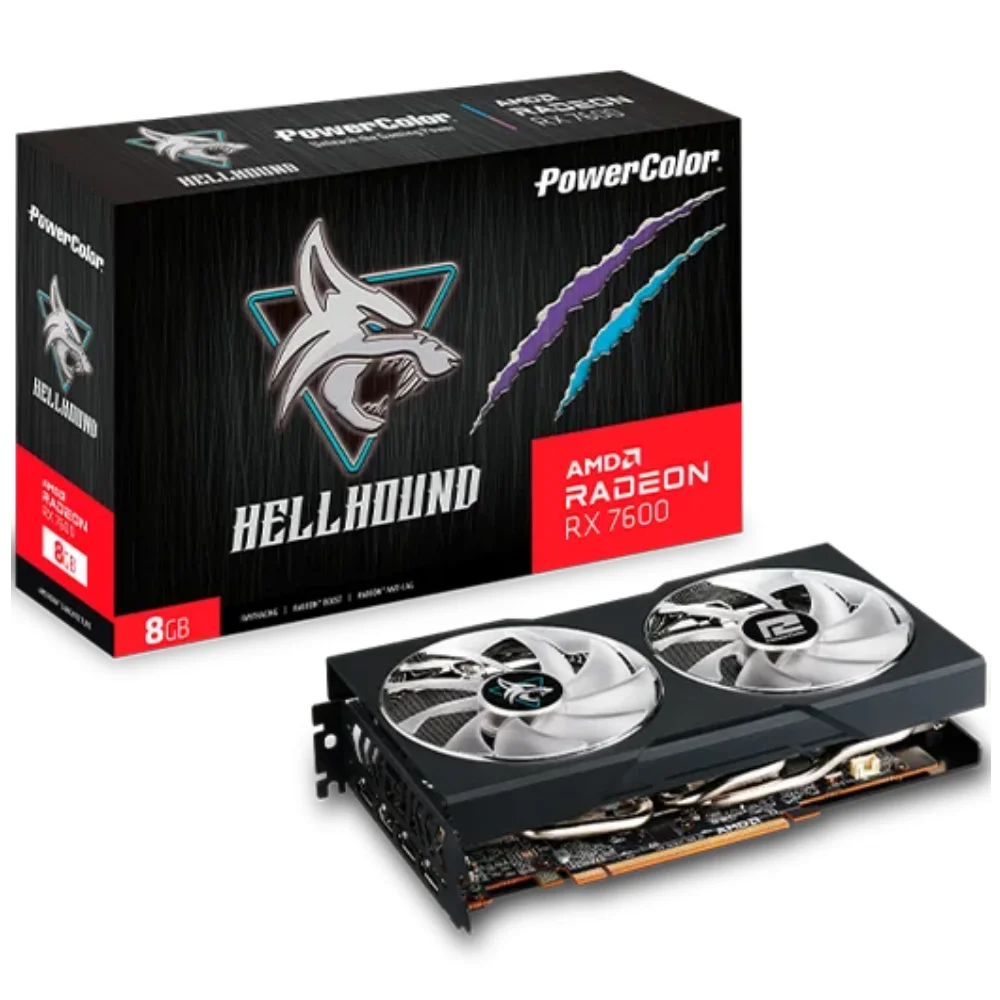 Powercolor Hellhound AMD Radeon RX 7600 8GB GDDR6 – Balenie s logom Hellhound a grafickou kartou s LED osvetlením Powercolor Hellhound AMD Radeon RX 7600 8GB GDDR6 – Balenie s logom Hellhound a grafickou kartou s LED osvetlením