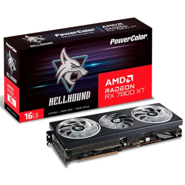PowerColor Hellhound AMD Radeon RX 7800 XT 16GB GDDR6 – Balenie grafickej karty s krabicou a samotnou kartou s trojitým ventilátorom
