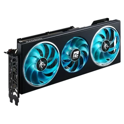 PowerColor Hellhound AMD Radeon RX 7800 XT 16GB GDDR6 – Predný pohľad na grafickú kartu s osvetlenými modrými ventilátormi