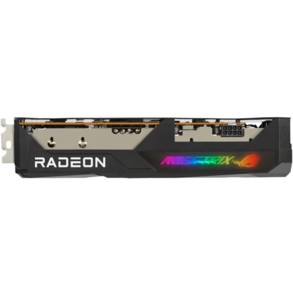 ASUS ROG Strix Radeon RX 6600 XT OC 8GB – Bočný pohľad na kartu s RGB nápisom ROG Strix