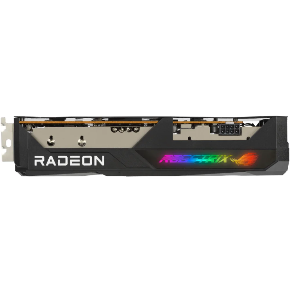 ASUS ROG Strix Radeon RX 6600 XT OC 8GB – Bočný pohľad na kartu s RGB nápisom ROG Strix ASUS ROG Strix Radeon RX 6600 XT OC 8GB – Bočný pohľad na kartu s RGB nápisom ROG Strix