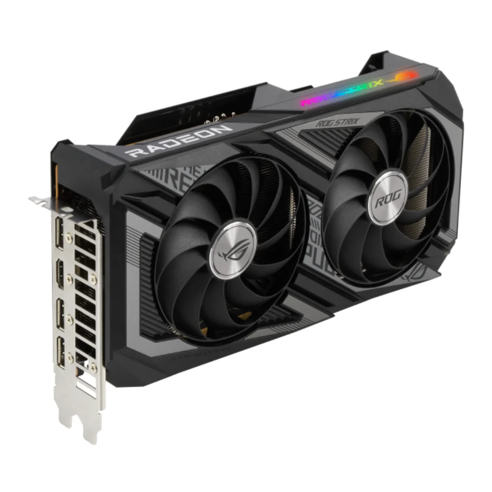 ASUS ROG Strix Radeon RX 6600 XT OC 8GB – Šikmý pohľad na duálny ventilátorový chladič s osvetlením RGB ASUS ROG Strix Radeon RX 6600 XT OC 8GB – Šikmý pohľad na duálny ventilátorový chladič s osvetlením RGB