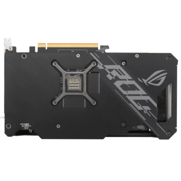 ASUS ROG Strix Radeon RX 6600 XT OC 8GB – Zadný pohľad na kovový backplate s logom ROG a výrezom na čip