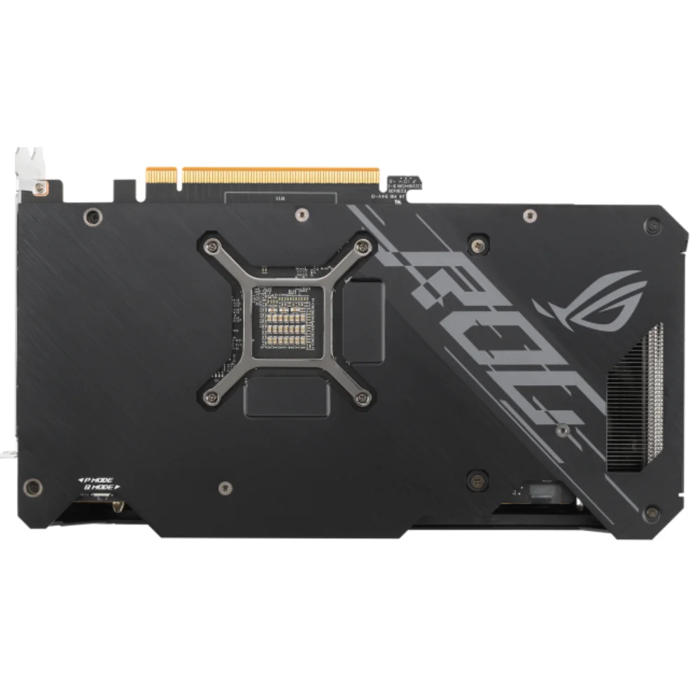 ASUS ROG Strix Radeon RX 6600 XT OC 8GB – Zadný pohľad na kovový backplate s logom ROG a výrezom na čip ASUS ROG Strix Radeon RX 6600 XT OC 8GB – Zadný pohľad na kovový backplate s logom ROG a výrezom na čip