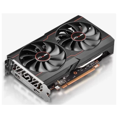 SAPPHIRE PULSE AMD Radeon RX 6500 XT 8GB – pohľad na porty a PCIe konektor z uhlového pohľadu