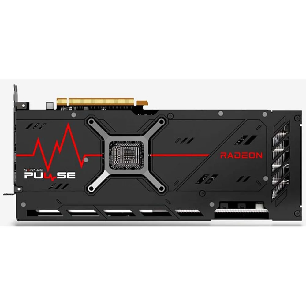 Sapphire PULSE AMD Radeon RX 7900 XT 20GB – Zadný pohľad na kovový backplate s logom PULSE a revolučným dizajnom Sapphire PULSE AMD Radeon RX 7900 XT 20GB – Zadný pohľad na kovový backplate s logom PULSE a revolučným dizajnom