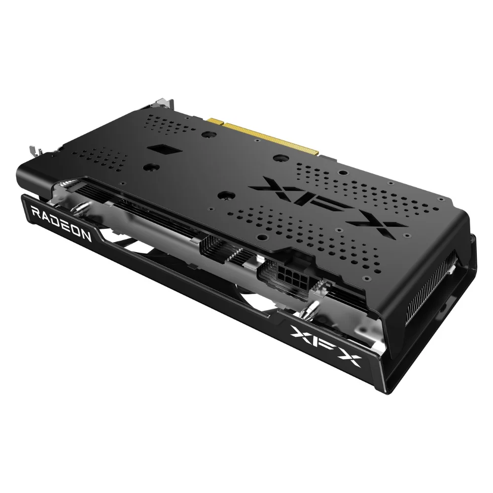 XFX SPEEDSTER SWFT 210 AMD Radeon RX 7600 8GB – Pohľad zhora na kovový backplate s logom XFX XFX SPEEDSTER SWFT 210 AMD Radeon RX 7600 8GB – Pohľad zhora na kovový backplate s logom XFX
