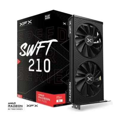 XFX SPEEDSTER SWFT 210 AMD Radeon RX 7600 8GB – Grafická karta s dvoma ventilátormi a krabicou v pozadí