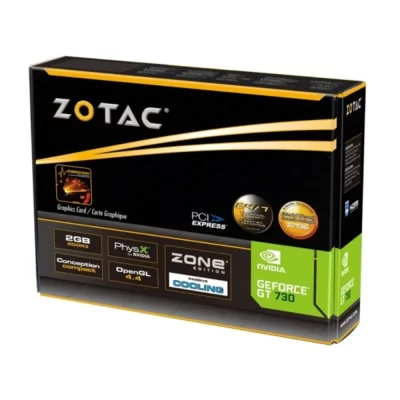 ZOTAC GeForce GT730 ZONE Edition 4GB – produktové balenie s logami a popismi PhysX, OpenGL a GDDR3
