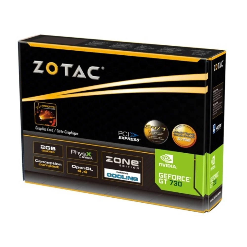 ZOTAC GeForce GT730 ZONE Edition 4GB – produktové balenie s logami a popismi PhysX, OpenGL a GDDR3 ZOTAC GeForce GT730 ZONE Edition 4GB – produktové balenie s logami a popismi PhysX, OpenGL a GDDR3