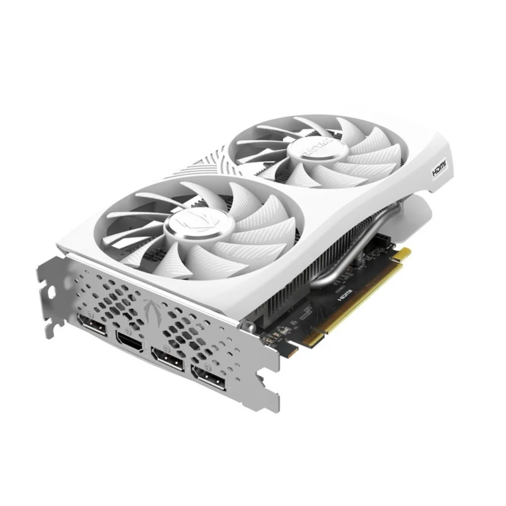 ZOTAC GAMING GeForce RTX 4060 8GB Twin Edge OC White Edition – Grafická karta z predného pohľadu ZOTAC GAMING GeForce RTX 4060 8GB Twin Edge OC White Edition – Grafická karta z predného pohľadu