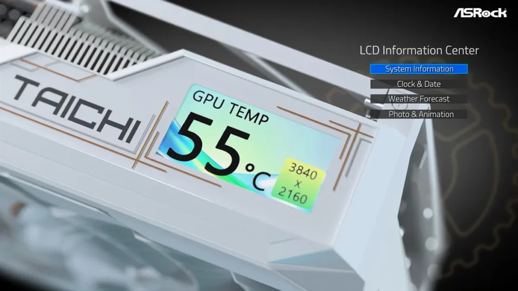 LCD displej na grafickej karte ASRock RX 9070 XT Taichi White zobrazujúci teplotu GPU.