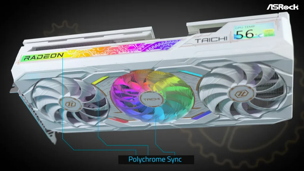 ASRock RX 9070 XT Taichi White so systémom Taichi Triple Fan a RGB osvetlením.