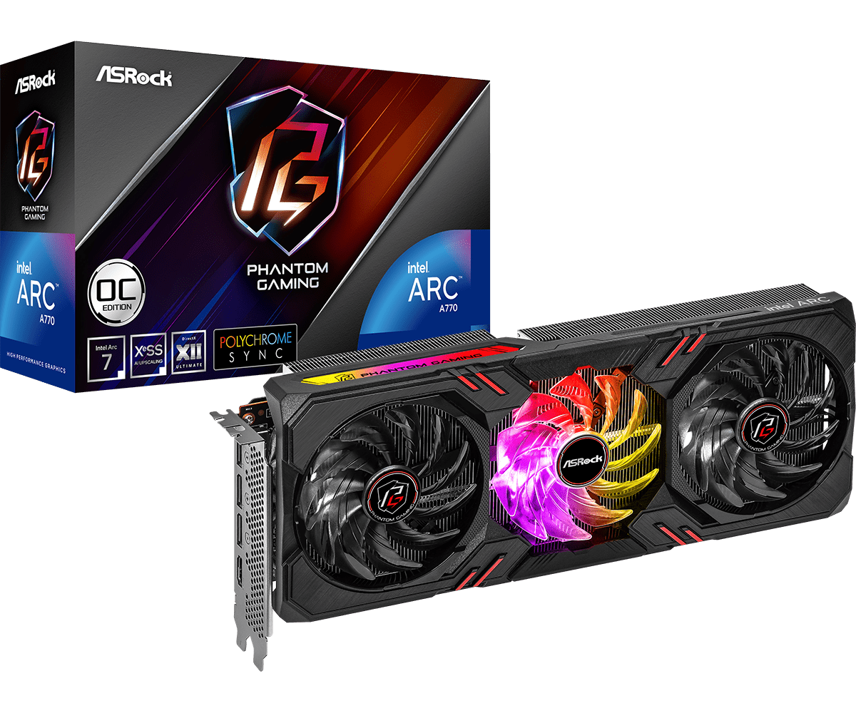 Pohľad na krabicu a grafickú kartu ASRock Intel Arc A770 Phantom Gaming 16GB OC 1