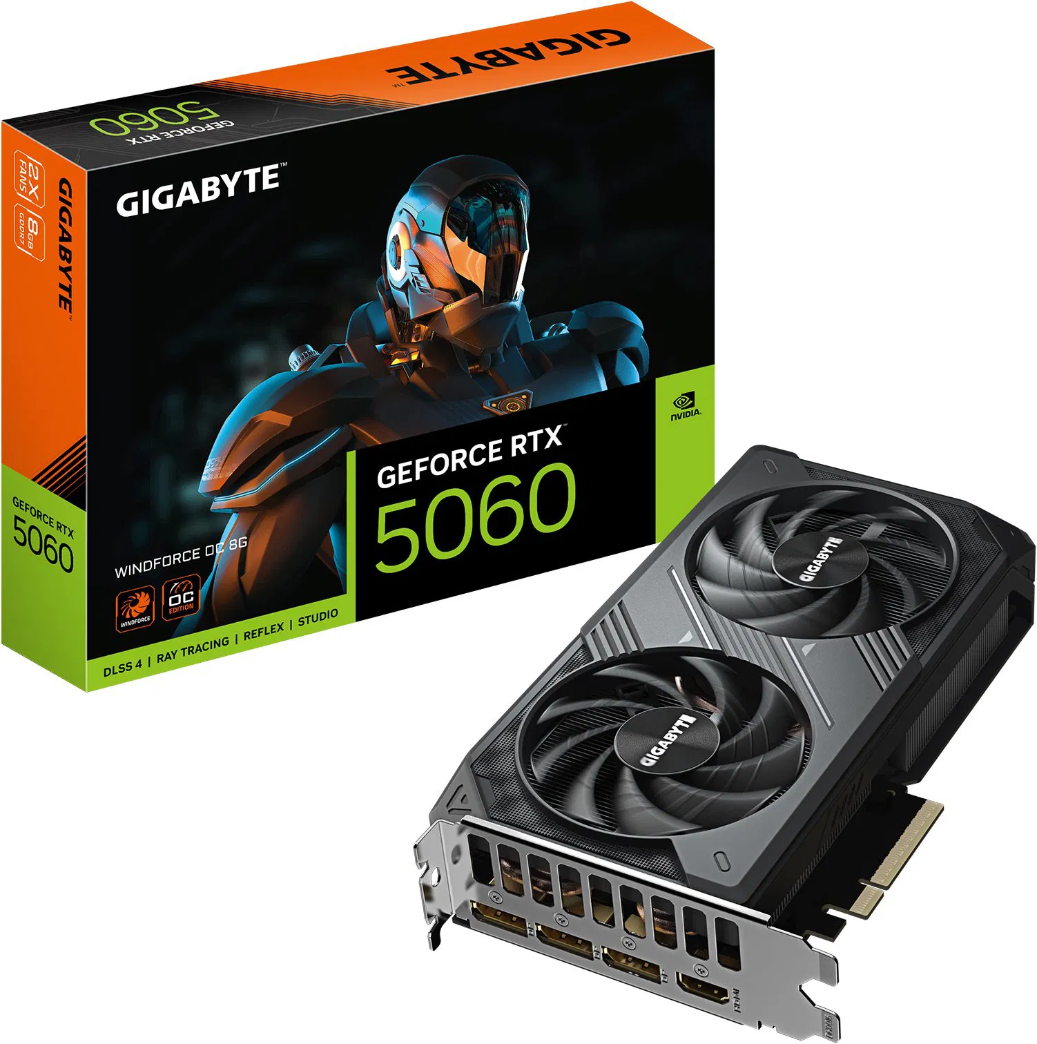 Pohled na grafickou kartu GIGABYTE GeForce RTX 5060 WINDFORCE 8G s balením
