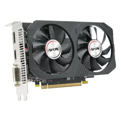 AFOX Radeon RX 550 4GB – Šikmý pohľad spredu na grafickú kartu s dvojicou ventilátorov
