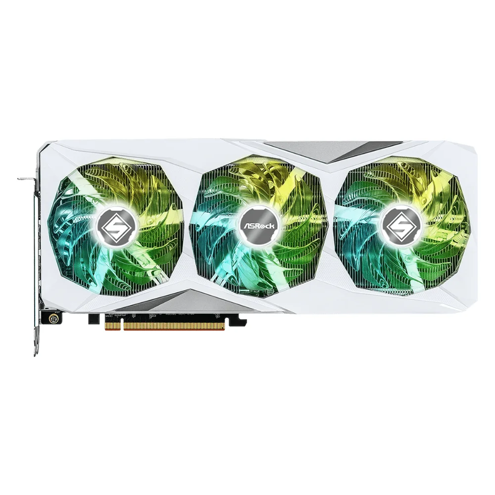 ASRock AMD Radeon RX 7800 XT Steel Legend 16GB OC – Priamy pohľad na prednú stranu s troma ventilátormi ASRock AMD Radeon RX 7800 XT Steel Legend 16GB OC – Priamy pohľad na prednú stranu s troma ventilátormi