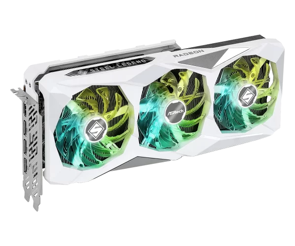 ASRock AMD Radeon RX 7800 XT Steel Legend 16GB OC – Šikmý pohľad na grafickú kartu s RGB osvetlením