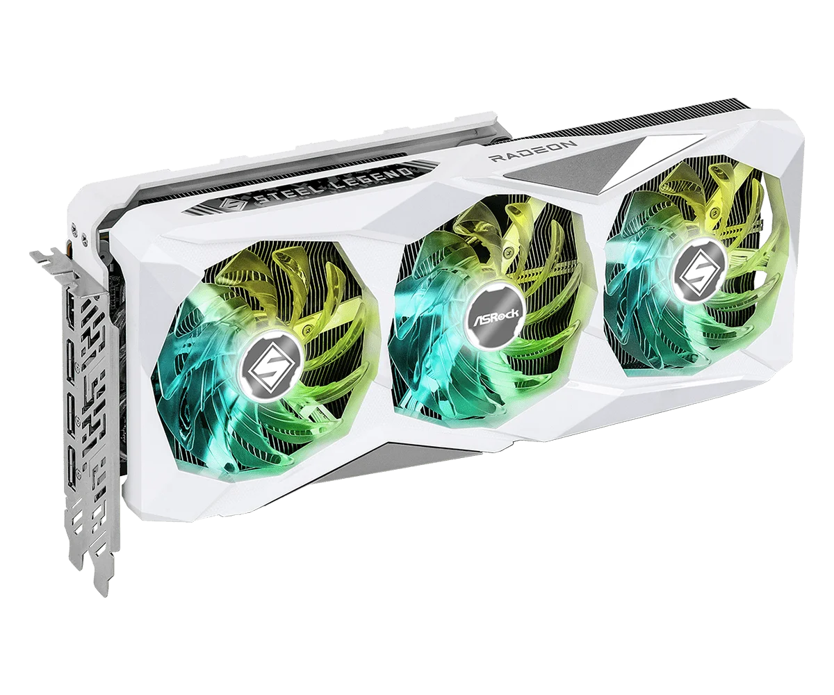 ASRock AMD Radeon RX 7800 XT Steel Legend 16GB OC – Šikmý pohľad na grafickú kartu s RGB osvetlením ASRock AMD Radeon RX 7800 XT Steel Legend 16GB OC – Šikmý pohľad na grafickú kartu s RGB osvetlením