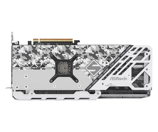 ASRock AMD Radeon RX 7800 XT Steel Legend 16GB OC – Zadná strana karty s backplate a maskáčovým vzorom