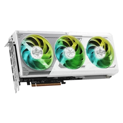 ASROCK AMD Radeon RX 9070 Steel Legend 16GB OC – Pohľad zhora na kartu s bielym chladičom a farebnými ventilátormi