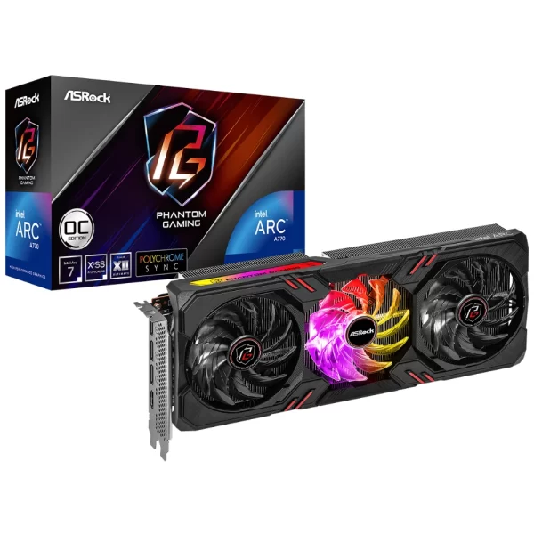 ASRock Intel Arc A770 Phantom Gaming 16 GB OC – Grafická karta s krabicou, RGB osvetlenie a trojventilátorový dizajn