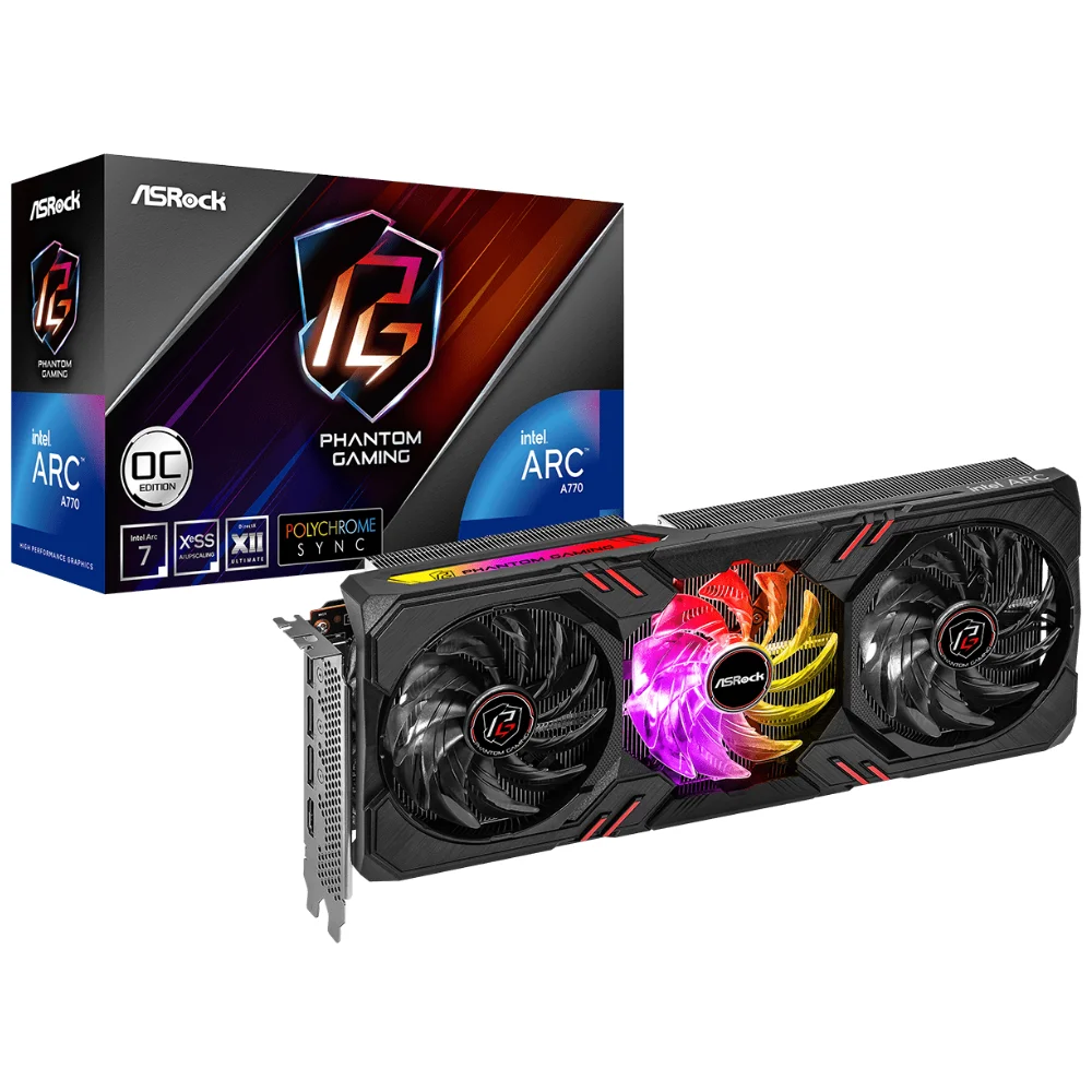 ASRock Intel Arc A770 Phantom Gaming 16 GB OC – Grafická karta s krabicou, RGB osvetlenie a trojventilátorový dizajn ASRock Intel Arc A770 Phantom Gaming 16 GB OC – Grafická karta s krabicou, RGB osvetlenie a trojventilátorový dizajn