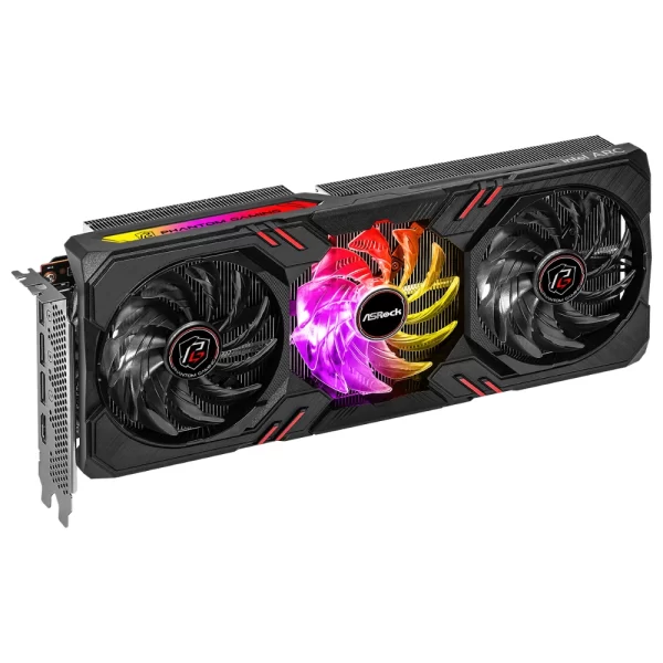 ASRock Intel Arc A770 Phantom Gaming 16 GB OC – Šikmý pohľad spredu na RGB ventilátory a konektory
